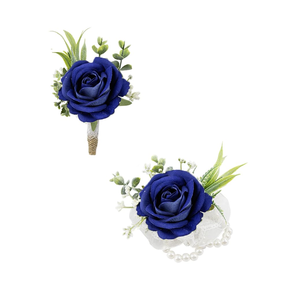 Ansofi Navy Blue Corsage and Boutonniere Set Artificial Rose Flower Wrist Corsage and Boutineers for Groom Groomsmen Bride Bridesmaids Prom Rustic Vintage Wedding Decor - color: Navy Blue