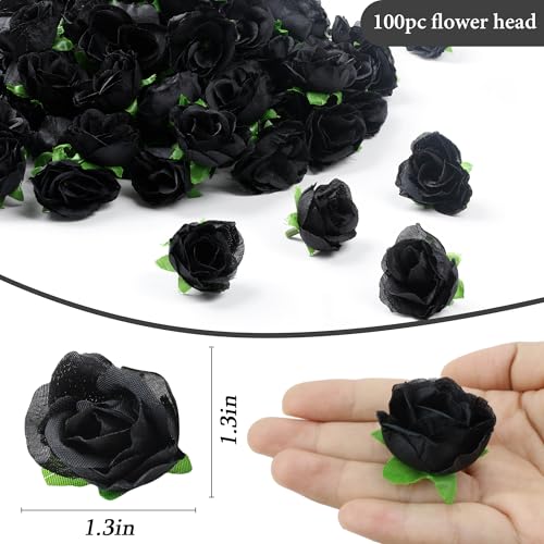 SITUMEIZI 100 Pcs 1.3 inches Mini Black Rose Head Small Black Flowers Artificial Fake Flower for Home Halloween Party Decor - color: Black