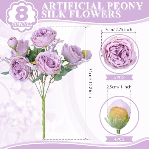 8 Bundles Artificial Peonies Flowers Boho Faux Flowers Arrangements Artificial Centerpiece Spring Bouquet Floral Wedding Decoration for Vase(Light Purple) - color: Light Purple