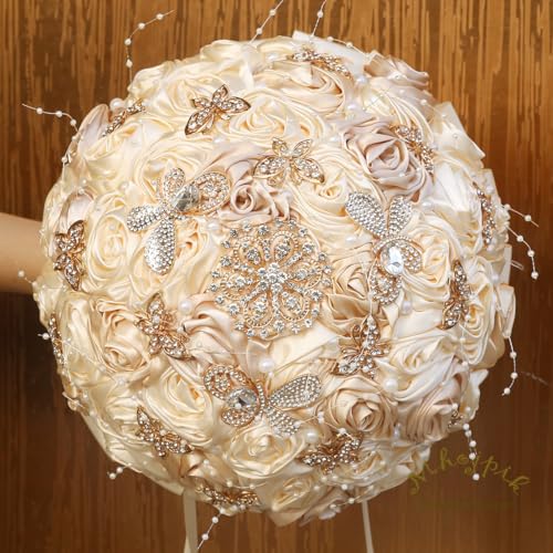 Handmade Wedding Flowers Bouquet Round Holding Bridal Bouquet Artificial Satin Roses Bunch for Bride Bridesmaid Wedding Quinceanera - color: Cream & Camel, size: Medium (Dia. 8.7"/22cm)