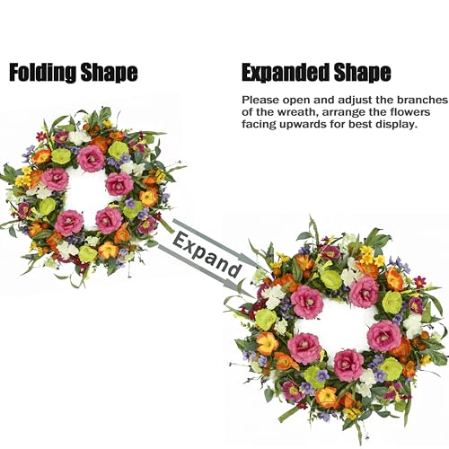 Artificial Spring Summer Wreaths for Front Door 22'' Peony Wreath Colorful Floral Wreath with Peony,Daisy,Poppy Flower Lavender for Indoor Outdoor Farmhouse Home Wall Window Festival Decoration