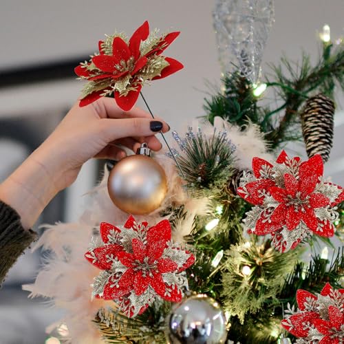SITUMEIZI 24 Pcs Red Gold Poinsettia Artificial Christmas Flowers 5.5" Glitter Poinsettias Christmas Decorations Tree Flower with Stems & Clips for Wreath Xmas Tree New Year Party Ornament Wedding - color: Red
