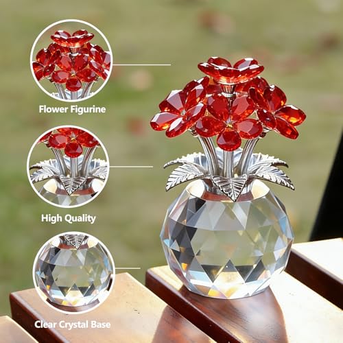 Crystal Red Flower Decoration Glass Flowers Mother's Day Birthday Gifts for Women Girl Wife Girlfriend Daughter Ornament Bouquet Collectible for Valentine's Day Wedding (Red Flower 02) - color: Red