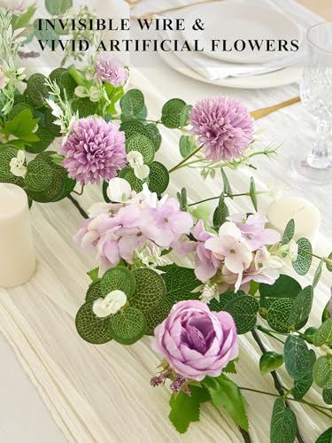 MISSPIN 5.9Ft Eucalyptus Garland with Flowers, Artificial Fake Flower Greenery Spring Garland for Baby Shower Wedding Mantle Table Centerpiece Spring Decor - color: Purple