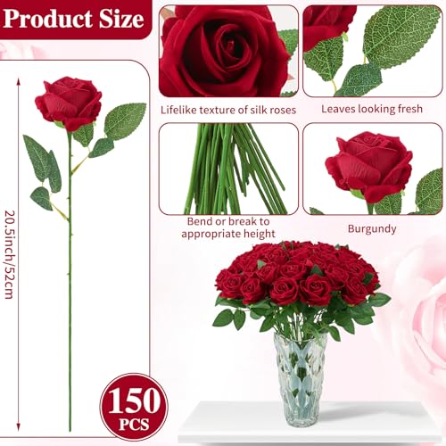 150 Pcs Roses Artificial Flowers, Silk Crimson Burgundy Artificial Flowers Petals Long Stem Roses for Wedding Bouquet Home Party Decor - color: Burgundy