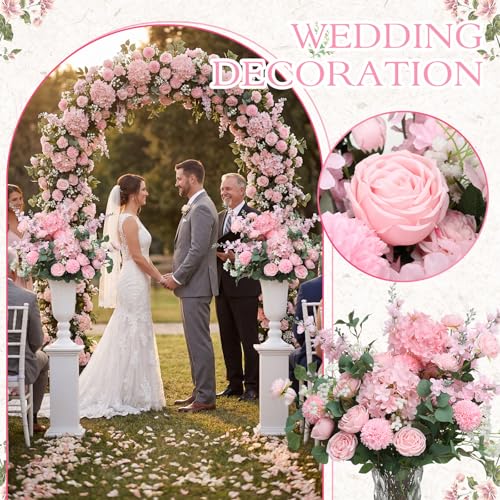 Suncalla 36 Pcs Pink Artificial Flowers Bouquet Set 8 Kind Faux Delphinium Rose Peony Chrysanthemum Hydrangea Baby's Breath Florals with Greenery Long Stem for Wedding Table Vase Decor - color: Pink