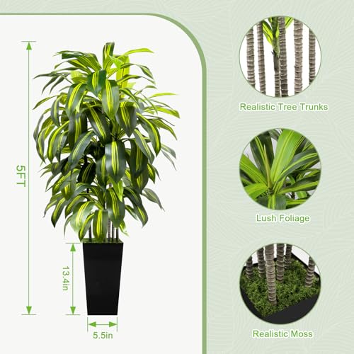 5FT Tall Fake Plant Artificial Dracaena Tree with Black Planter Faux Plants Indoor Living Room Artificial Plants Indoor Decor Large Fake Plant - color: Black, size: 5ft