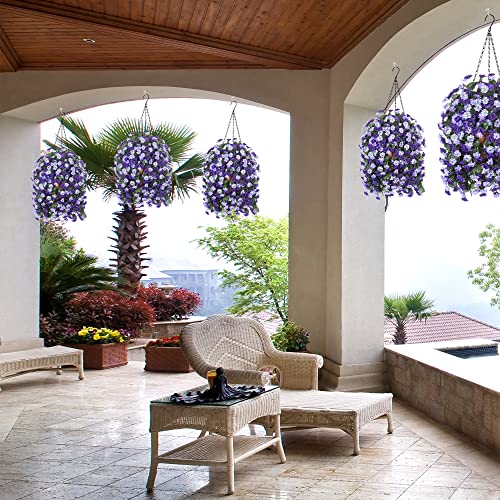 Ammyoo Artificial Flowers in Hanging Basket for Outdoors Spring Decor, Fake Mums Flowers Faux Plants with Basket for Indoors Home Porch Garden Yard Patio Decoration (Deep Purple) - color: Deep Purple