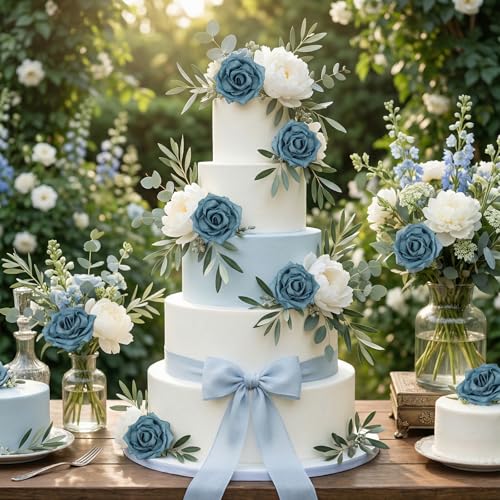 Foam Roses,16Pcs Dusty Blue Foam Flowers Real Looking Artificial Fake Roses with Stems and Leaves for DIY Wedding Bouquets Baby Shower Party Home Centerpiece Floral Arrangement (Dusty Blue)