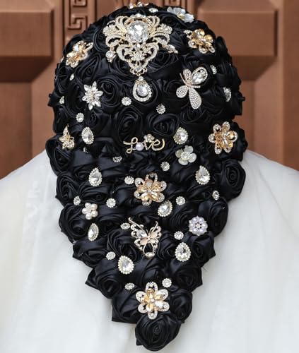 Luxury Cascade Bridal Wedding Bouquet Satin Rose Waterfall Holding Bouquet Artificial Flower Bunch for Bride Bridesmaid(Black, 15" x 7.5") - color: Black, size: 15"L x 7.5"W(38cm x 19cm)