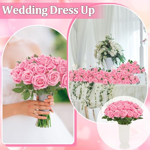 90 Pcs Pink Velvet Rose Artificial Flowers with Long Stems, Fake Silk Roses Real Touch Fake Roses Florals for Birthday Wedding Bouquet Party Arrangement Decorations - color: Pink