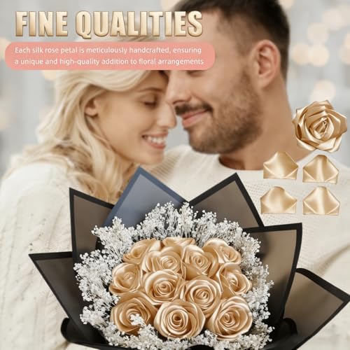 300Pieces Premade Satin Ribbon Rose Petals Half-Finished for Eternal Rose DIY Ramos Forever Flowers Bouquets Everlasting Floral,for Wedding,Anniversary,Engagment (300 Golden Champagne) - color: 300 Golden Champagne