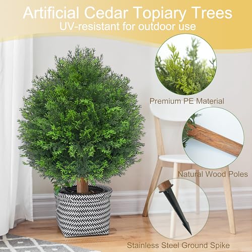 27.5" Artificial Cedar Topiary Tree with Ground Spike, Set of 2 Artificial Cypress Trees Faux Shrubs, UV Resistant Artificial Outdoor Shrubs Plants for Porch Garden Front Porch Decor - size: 2ft 4in