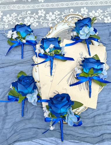 Marriwise 6pcs Rose Boutonniere for Men, Artificial Flowers Wedding Groom Groomsmen Boutonniere for Wedding/Anniversary/Prom/Rustic Wedding/Homecoming (Navy Blue) - color: Navy Blue