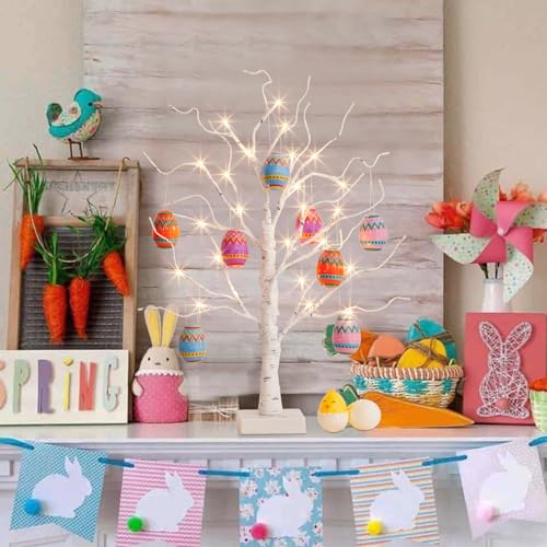 PEIDUO Easter Decorations for Home, 2FT 24LT Egg Tree Lighted with Battery Powered and Timer, Lighted Easter Trees Decor, Pre-lit White Birch Tree for Party Spring Decor - style: Easter tree