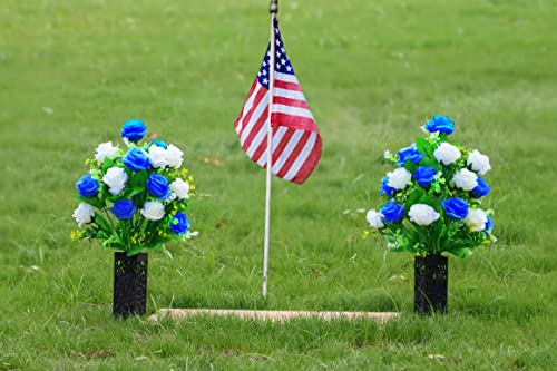 LVXINLI 2 Sets Artificial Cemetery Flowers,Memorial Flowers,Beautiful Arrangements for Headstones,Black Plastic vase with Drainage Hole Long Spikes Outdoor Memorials(Dark Blue)… - color: Dark Blue