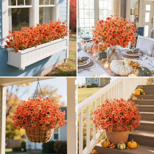 20 Bundles Artificial Fall Flowers for Outdoors Decoration, Fake Mums Silk Daisy Faux Plastic Plants Boston Fern UV Resistant for Autumn Thanksgiving Garden Planters Home Decor, Orange - color: Orange