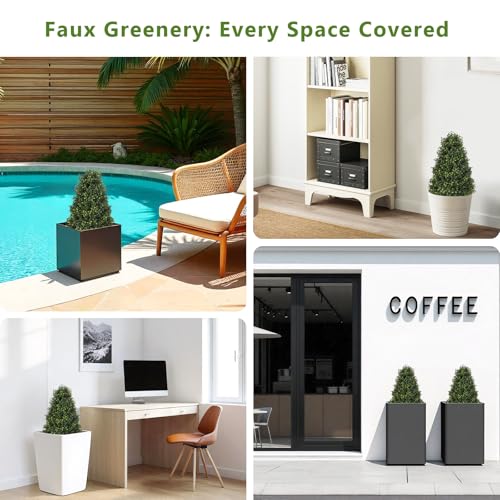 30" Boxwood Topiary Trees Artificial Outdoor Set of 2, UV Resistant Faux Plants for Front Porch Planters, Realistic Cone-Shaped Fake Bushes & Shrubs, 2.5ft Evergreen Decoration - color: Boxwood Dark Green, size: 30in