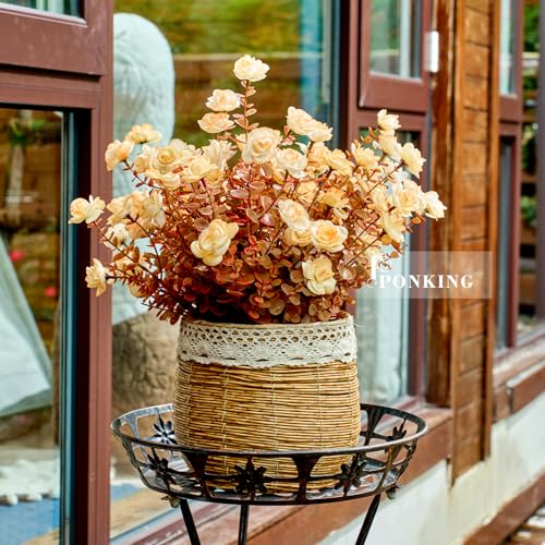PONKING Artificial Flowers for Outdoors Patio Decoration 6 Bundles Fake Flower Rose UV Resistant Faux Plants Yard Garden Porch Home Boxwood Patio Halloween Decor, Fall Champagne Flower - color: D Fall Champagne Rose 6pcs