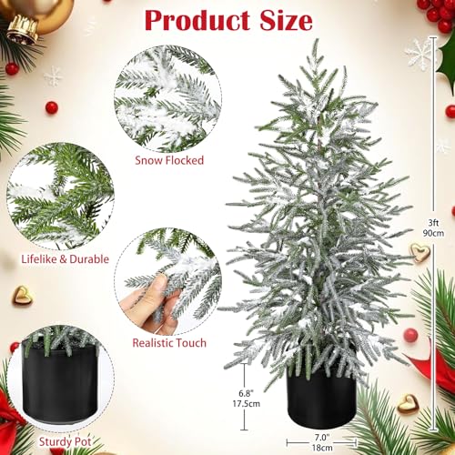 3FT Snow Flocked Artificial Norfolk Pine Tree in Pot, Real Touch Artificial Topiary Tree Small Faux Tabletop Christmas Tree for Front Porch Kitchen Home Indoor Outdoor Decor - style: 3ft Snow-Flocked