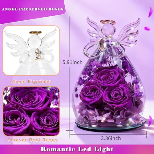 Beferr Gifts for Mom Birthday Gifts for Women, Fresh Flowers for Delivery Forever Preserved Rose in Glass Angel Figurine, Anniversary Christian Real Rose for Grandma Wife Mother from Daughter Son - color: A Purple-p