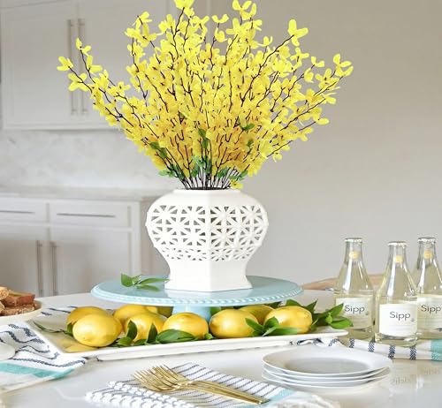 FERIAL 2PCS Artificial Silk Forsythia Flower Branches Yellow Jasmine Flowers Silk Fake Winter Jasmine Orchids Flowers for Indoor Outdoor DIY Floral Arrangement Wedding Party Home Office Decorate - color: Yellow-2