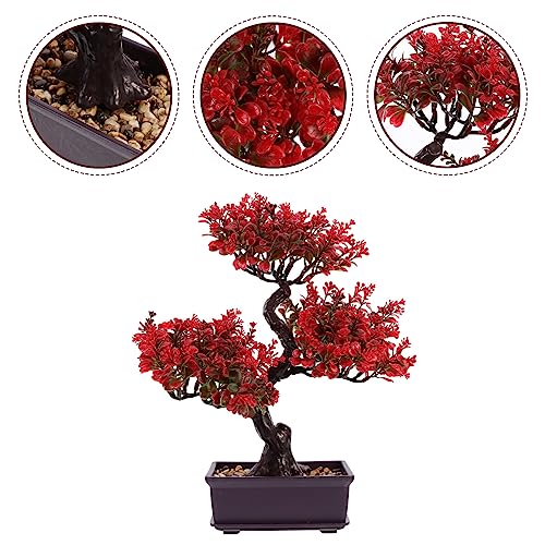 EXCEART Artificial Bonsai Tree Plastic Faux Potted Plant Desktop Decor 14.2X11.8X3.9 Inches No Maintenance Realistic Greenery for Home Office - color: Red