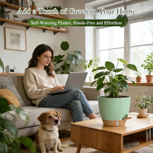 Self Watering Pots with Drainage Holes, 2 Pack 8 Inch Plant Pots with Water Level Indicator Deep Reservoir, Large Plastic Planter for Indoor Outdoor Plants - Green Brown - color: Green Brown, size: 8 Inch 2 Pack