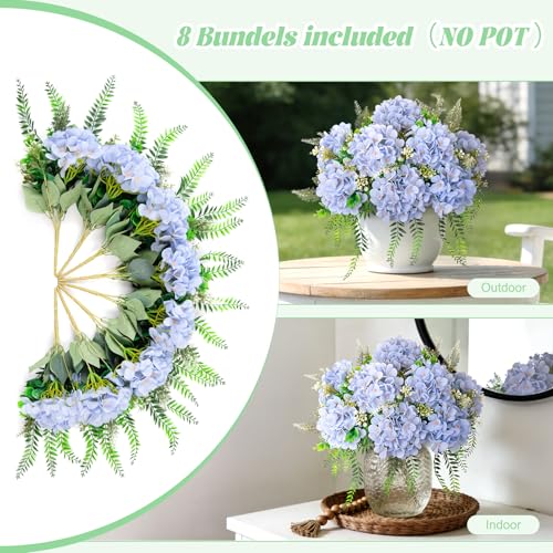 Ammyoo 8 Pcs Artificial Hydrangea Flowers Silk Blue Fake Flower with Eucalyptus for Outdoor Decorations UV Resistant Realistic Faux Plants for Garden Porch Window Box Indoor Table Decor - color: Blue