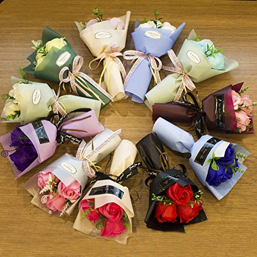 3 Heads Artificial Rose Bouquet Soap Flower Petals Valentine Day Gifts for Women, Best Friend and Girlfriend, Birthday, Christmas Valentine's Day from Daughter Son Husband, Artificial Flowers (Red)