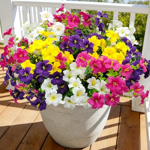 Artificial Flowers for Outdoors Decoration, 12 Bundles Fake Silk Morning Glory with Faux Plastic Eucalyptus UV Resistant for Outside Front Door Porch Planters Patio Garden Decor (MultiColor 1) - color: Multicolor 1