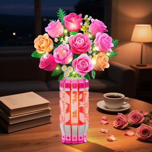CUBIMANA Pink Rose Bouquet Building Set with Vase & LED Light, 3.6MM Mini Flower Building Kit for Adults, Artificial Floral Decor for Home Office Bedroom, Birthday Day Gifts for Women Mom Wife