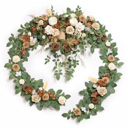 Ling's moment 9FT Spring Flower Garland for Backdrop Decorations - Wedding Arch Flowers, Eucalyptus & Rose, Artificial Floral Garland for Mantel - Sweetheart Table Decor for Reception, Beige Brown - color: Brn-beige & Brown