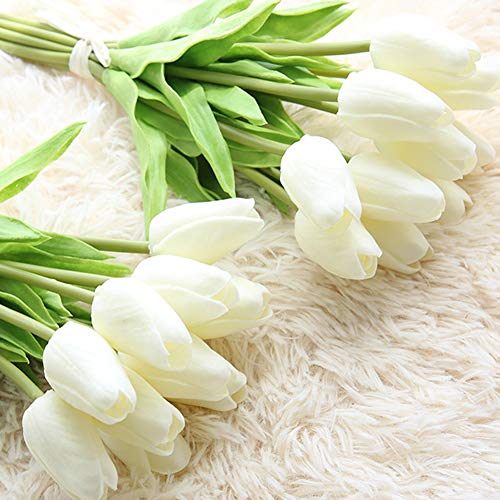 AMZALI Artificial Flowers Real Touch Mini PU Tulips Bouquet Fake Tulips Flowers Arrangement Artificial Plants for Wedding Centerpiece Room Home Hotel Party Event Christmas Decor Cream White Set of 20 - color: Cream White, size: 20PCS
