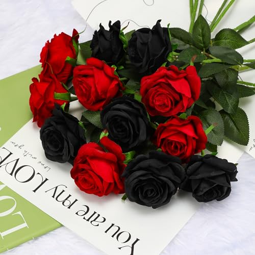 Black Fake Roses Artificial Flowers - 10 Pcs Fake Artificial Roses Silk Flowers with Stems for Home Wedding Hotel Office Centerpiece Decor - color: Black, size: 10 Pcs