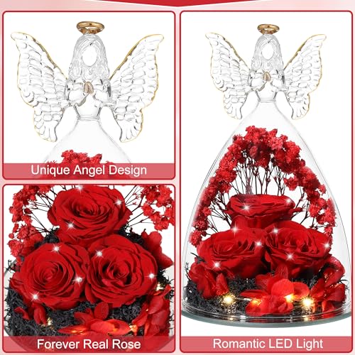 Mothers Day Rose Gifts for Women Preserved Real Flower in Glass Angel Figurines Roses for Delivery Prime Birthday Gifts for Mom Grandma Girlfriend Wife Her, Crystal Red - color: Crystal Red