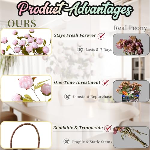 ucky 6 Pcs Pink Artificial Peonies Silk Flowers, 27.6" Long Stem Fake Peonies with Wood-Textured Bendable Branch, Life-Like Texture Large Peony Blooms for Tall Floor Vase, Wedding, Home Office Decor - color: Cjy Pink