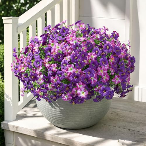 Artificial Flowers for Outdoors Decoration, 20 Bundles Faux Morning Glory with Eucalyptus Look Real UV Resistant Fake Plants Silk Flowers for Outside Yard Gardens Porch Patio Planter Home Urn, Mix - color: 2 Color(10 Purple, 10 Gradient Fuchsia)