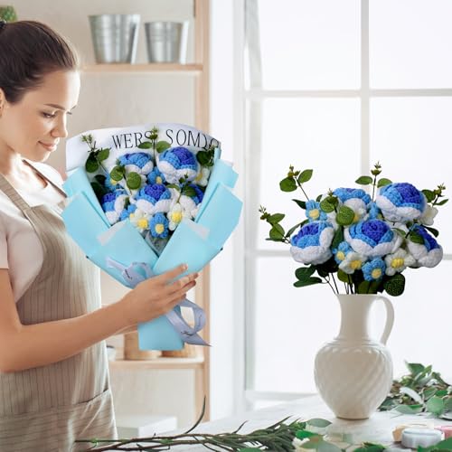 Foyucool Crochet Flower Bouquet, Blue Handmade Knitted Flowers with Gift Bag, Blue Roses Daisies for Mother's Day Anniversary Birthday Graduation Valentine's Day - color: Blue White
