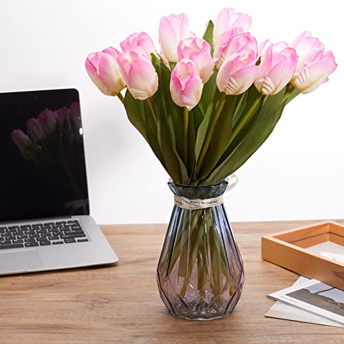 20PCS Artificial Tulips Real Touch Faux Flower Moisturizing Tulips for Photography Ornaments Home Garden Wedding Party Decor Fake Flowers (Pink Green) - color: Pink Green