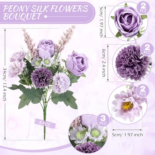 Zeyune 8 Pcs 13.4 Inch Artificial Flowers Bouquet Fake Silk Flowers Faux Bouquet Hydrangea Bouquets for Wedding Birthday Table Centerpieces Home Office Decoration (Rose,Purple) - color: Purple, size: Rose