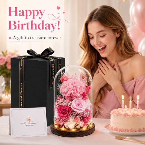 Preserved Flowers in Glass, Preserved Rose with 1 Carnation & 2 Pink Roses Luxury Eternal Flower Gift for Grandma Wife Her Forever Flowers for Anniversary Birthday Lasts 3-5 Years - color: Pink