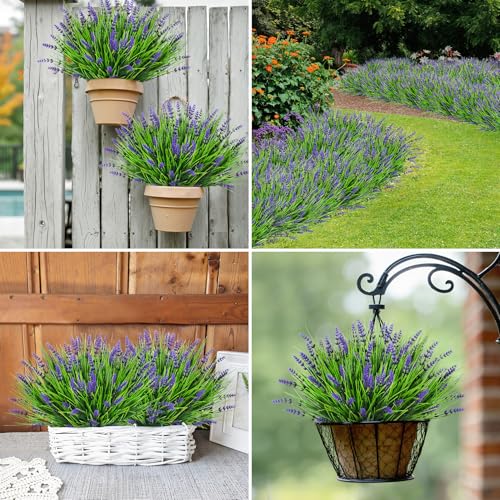 Bassion Artificial Flowers for Outdoors, 24 Bundles Fake Lavender Flowers UV Resistant Violet Plastic Plants Faux Monkey Grass for Home Porch Garden Window Box Indoor Outdoor Decorations - color: Violet