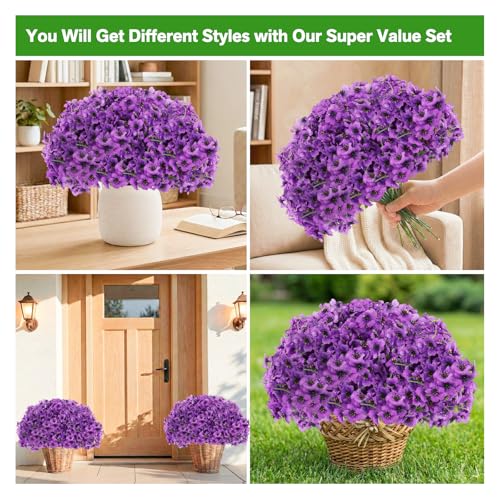 22 Bundles Artificial Flowers Outdoor, Faux Flowers UV Resistant with Plastic Plants, Faux Silk Flowers for Outdoors Outside Front Porch Hanging Planter Window Box Garden Decoration - color: Purple, size: 22 Bundles