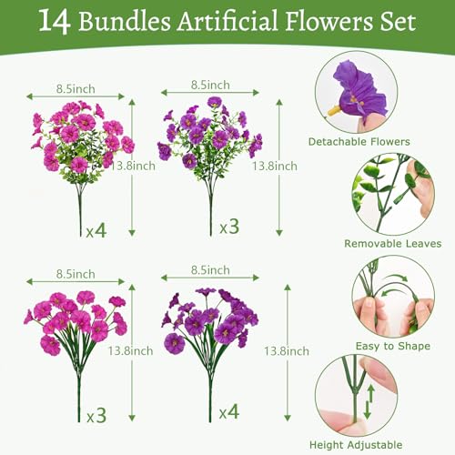 Artificial Flowers for Outdoors, 14 Bundles Fake Outdoor Flowers, UV Resistant Artificial Outdoor Plants & Flowers for Decoration, Colorful Morning Glory for Garden Porch Yard Patio, Purple & Fuchsia - color: Purple & Fuchsia, size: 14 Bundles