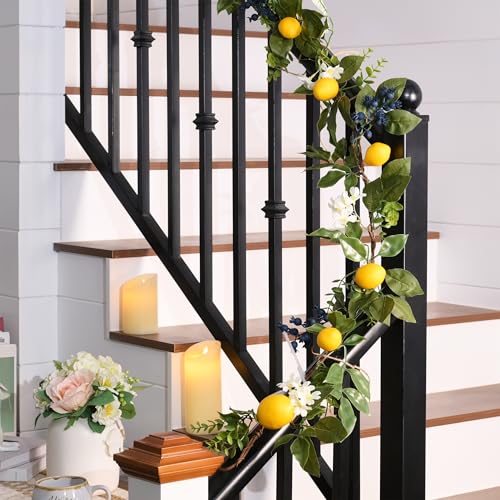Valery Madelyn 6ft Artificial Lemon Garland for Mantel Summer Decor(Thin) | Faux Lemons Eucalyptus & Blueberry Summer Garland with Lights for Stairs Table Fireplace Farmhouse Kitchen Home Decor - size: Medium