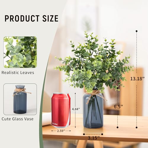 Leftover 8 PCS Faux Eucalyptus Stems in Black Glass Vase,Fake Plants Greenery Stems for Centerpiece Table Decorations,Fake Plants for Black Bathroom Decor(Sage Green) - color: Green