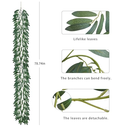3 Strands Odorless Artificial Olive Leaf Vines, 73'' Silk Ivy Vine Garland with Green Leaves, Fake Hanging Plants Greenery Decor for Home, Bedroom, Wall, Party, Wedding Decoration. - color: Green 4