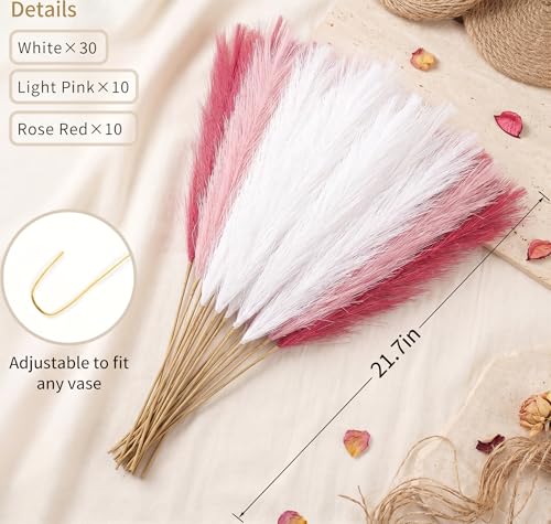 Pampas Grass Decor 30pcs 21.7 Inch, Faux Pampas Grass (White/Pink/Rose Red), Artificial Dried Flowers Look, Fluffy No Shedding for Boho Wedding Home Bedroom Vase Filler - size: Pink White Rose