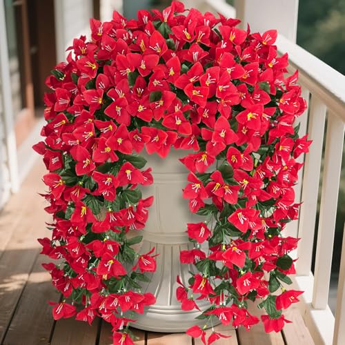 Artificial Bougainvillea Flowers Plants for Outdoors Decoration, 2 Pcs Faux Silk Flowers Long Trailing Fake Vines for Front Door Porch Planter Balcony Patio Summer Spring Home Decor, Red - color: Red